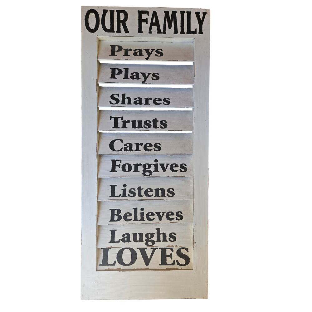 Our Family Home Wall Decor Words on Shutter White 30x13x1 6# Heavy